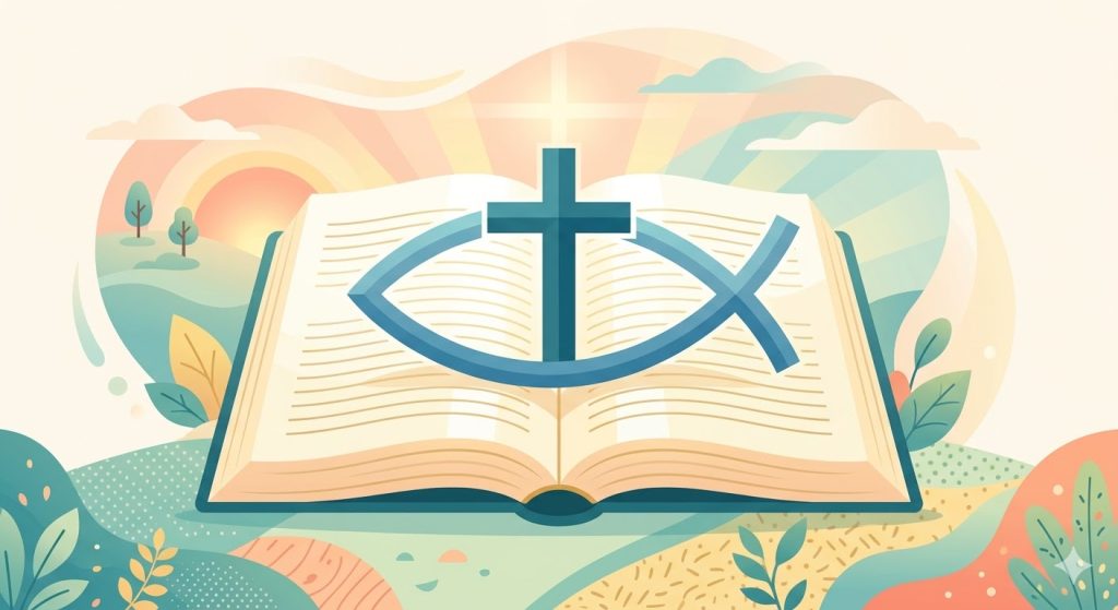 Symbole des apôtres (Credo) - un livre ouvert avec un grand poisson (Ichtus) et une croix